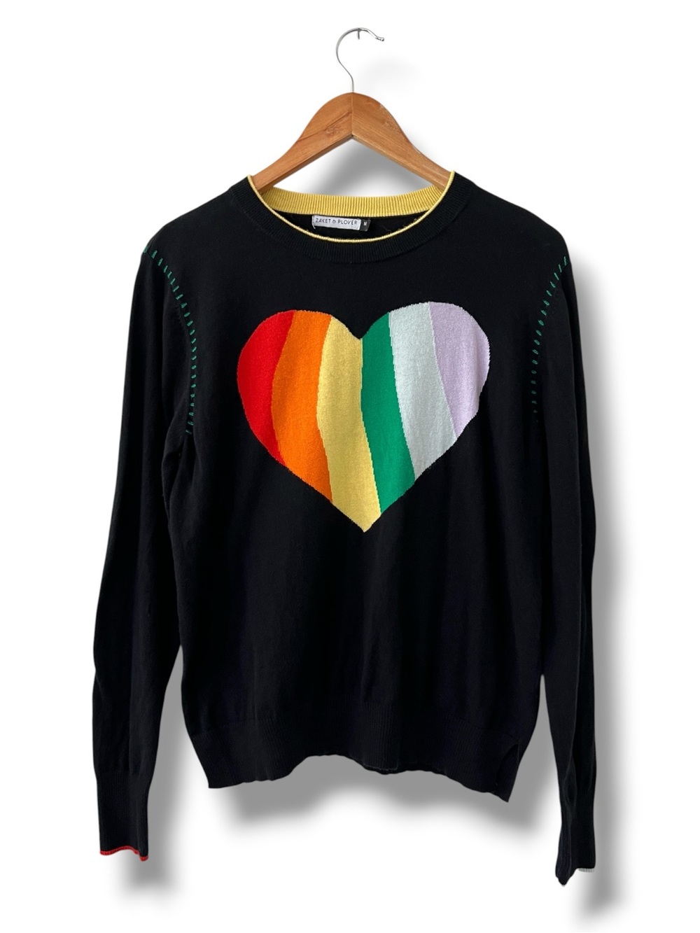 Zaket & Plover Heart Intarsia Sweater Womens M Black Rainbow Silk Cotton Knit